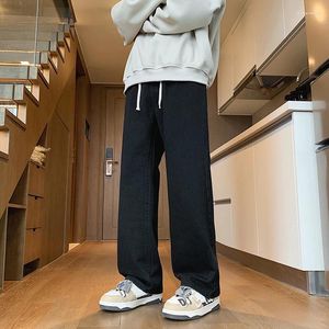 Men's Jeans Solid Color Denim Pants Elastic Waist Mens High Street Distressed Wide Leg Streetwear Loose Casual Trousers Male B143