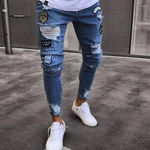 Calças de brim masculinas Mens Stretchy Slim 2023 Bordado Hip Hop Homens Azul Rasgado Calças Moda Buraco Denim Calças Skinny Black para