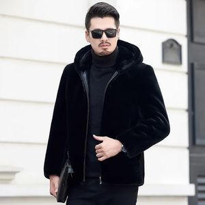 Men's Fur Faux Fur Winter Imitation Mink Fur Coats Men Jacket Thick Turn Down Collar/Hooded Faux Fur Jacket Male Black Overcoat 231211