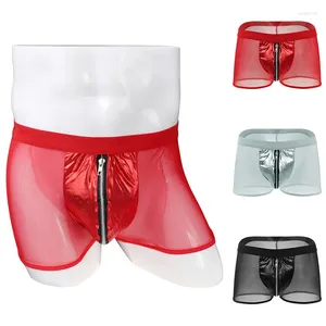 Pantaloncini da uomo Boxer in rete trasparente da uomo Mutandine sexy con cerniera PU Slip in pelle Fetish Stripper Lingerie erotica Mutande aperte