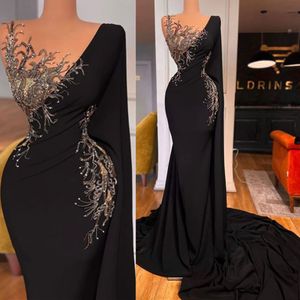 Luxury Black One Shoulder Mermaid Prom Dresses Single Long Sleeves Sequins Shiny Women Satin Long Evening Pageant Gowns Custom Made YD