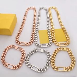 Designer Bracelet Necklace Men Women Brass Engraved F Initials Letter Hollow Out Gold Thick Chain Jewelry Sets 3 Color Jewelry