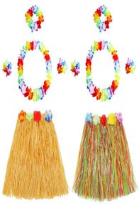 2 Sets Hawaii Hula Grass Dance Skirt Tropical Flower Bracelets Headband Necklace Set for Hawaii Party1135833