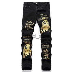 Men's Pants Men's Golden Cow Printed Jeans Fashion Letters Painted Stretch Denim Pants Slim Tapered Black Trousers J231208