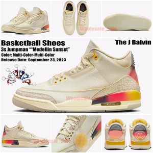 Роскошный дизайнер J Balvin x Jumpman 3 Баскетбольные кроссовки Medellin Sunset 3s Sail Multi Color Bred Off Noir Black Cement Кроссовки Мужские женские кроссовки Fire Red Black Cat