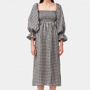 Casual Dresses 2024 Spring Plaid Print Boho Maxi Dress Women Sexig Square Collar Hollow Long Party Autumn 3/4 Sleeve Loose Female