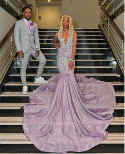Light Purple O Neck Long Prom Dress For Black Girls 2024 Beaded Crystal Birthday Party Dresses Pleats Evening Gown Robe De Bal