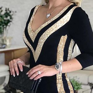 Vestidos casuais impresso lantejoulas vestido ano v-pescoço feminino preto listrado retalhos 2023 saia dourada manga bainha sexy festa senhoras traje