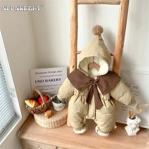 Strampler für den Winter, für Kleinkinder, Mädchen, volle Ärmel, mit Kapuze, gesteppt, verdickt, warm, Rüschen, Einteiler, Overalls für Kinder, 231211