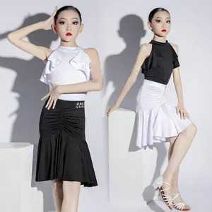 Stage Wear Suit Suspender Latin Dance For Girls Summer Black And White Grading Contest Children's Skirt Split Fashion