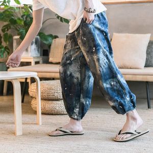 Men's Pants Cotton Linen Blend Harem Summer Printed Loose Fitting Wide-Leg Middle Waist Bloomers Trousers Bottoms