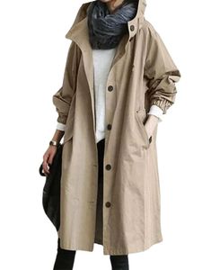 Kvinnors dikerockar S-5XL Size Chic Women Trench Coat With Cap-knapp CASSIAL Kvinnors långa ytterkläder Löst överrock Autumn Winter Fashion 231211