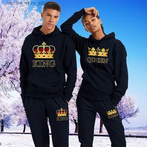 Tute da uomo Uomo e donna Amante Coppie Abbigliamento sportivo Set Corona KING QUEEN Stampa Felpa con cappuccio Tuta sportiva Felpa con cappuccio e pantaloni Streetwear Q231211