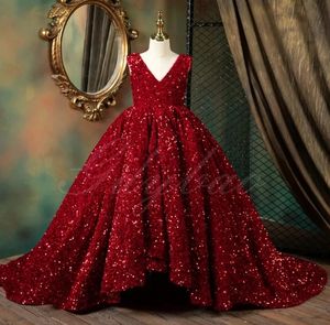 2024 Красное вино с пайетками, пышное бальное платье для девочек, длинное пышное платье для маленькой девочки на свадьбу, день рождения, праздничные платья для первого причастия