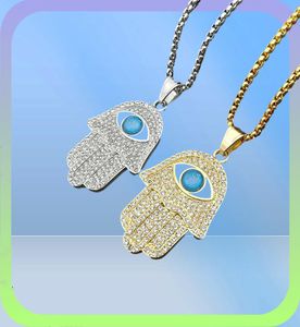 Turkiska hamsa hand av Fatima hänge halsband guld rostfritt stål isad ut kedja hiphop kvinnamen smycken 2106215180138