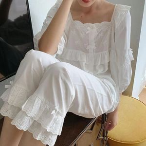 Sexy Pyjamas Home Nightwear Women Autumn White Cotton Pajamas Sets Vintage Long Sleeve Cute Sleep Tops Bottoms Pants Kawaii Sleepwear 231211