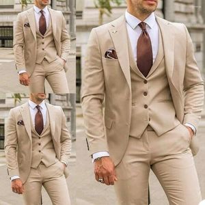 Ternos masculinos bege blazer define fino ajuste smoking de casamento para o noivo moda masculina três peças (jaqueta calças colete) trajes de hombre