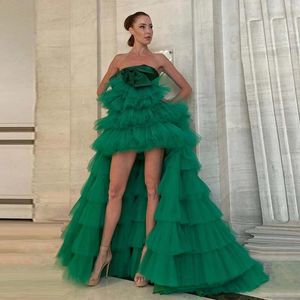 Casual Dresses Fully Ruffled And Pleated High-low Dress Prom Gown Strapless Layered Tulle Party Green High Low Special Occasion Gowns