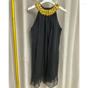 Casual Dresses Handgjorda diamantbockade pärlor ärmlös a-line Loose Black Chiffon Mini Dress Halter Neck Robe 2023 Summer