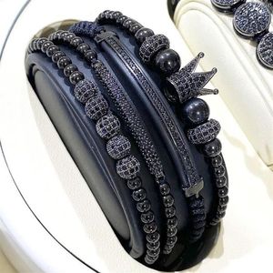 Tennis Jaravvi High Quantity Stainless Steel Beads CZ Crown Charm Cord Braided Macrame Friendship Bracelet Set Men2554