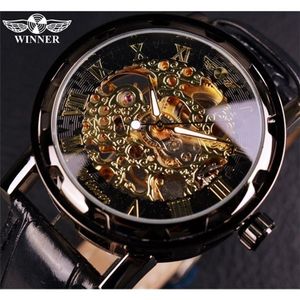 Vinnare Black Gold Man Clock Men Relog Skeleton S Watches Top Brand Luxury Montre Leather Wristwatch Mechanical Watch 220423213s