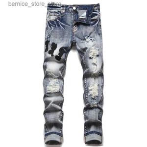 Men's Jeans High Street Stretch Embroidery Mens Jeans Ripped Streetwear Jeans Punk Style Pants for Man Slim Fashion Small Feet Men's Jeans Q231213