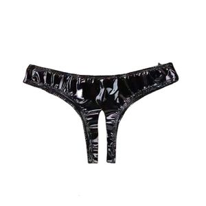 Öppna grenläderbriefs Crochless Show Hips Knickers ihåliga bondage trosor svarta elastiska byxor erotik underkläder sexig