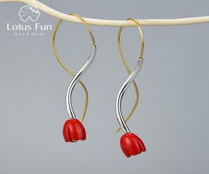 Lotus Fun Real 925 Sterlling Gümüş El Yapımı Tasarımcı Fine Mücevher Etnik Tarzı Kırmızı Gül Çiçek Sarkla Küpeler Kadınlar Hediye 21051438924