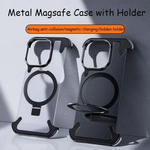 Luxuriöse Leder-/PC-Rückseite, neuer Metallrahmen, stoßfeste Handyhülle mit magnetischem Ringhalter für Mate 60, iPhone 14, 15 Pro