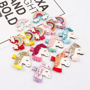 Nya babyflickor hårtillbehör Cartoon Horse Girls Hair Bows Hair Clips Rainbow Princess Kids Hair Clips Boutique Children Barrettes BJ