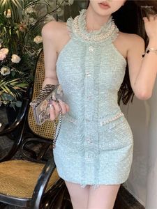 Vestidos casuais francês luxo beading pequena fragrância tassel tweed vestido para mulheres verão coreano bodycon cintura fina mini festa robe