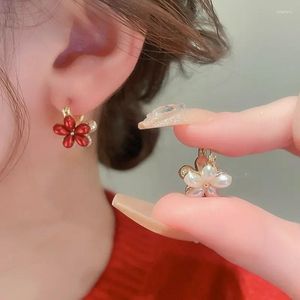 Hoop Earrings Double Sided Pearl Flower Ear Buckle For Women Fashionable Versatile Party Jewelry