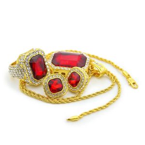 Modeschmuck Sets Für Männer Frauen Rubin Anhänger Bunte Ohrringe Vergoldet Ring Hip Hop Charme Halskette Set291r