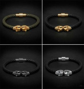 women men Mens Black Genuine Leather Braided Bracelet Men Stainless Steel For Women Gold skull Bangle for3242373