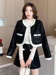 Two Piece Dress High Street French Luxury Fashion Sequins Tweed Two Piece Set Women Short Jacket Coat Skirt Suits Small Fragrance 2 Piece Sets 231211