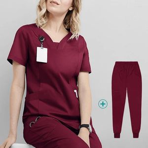 Calças de duas peças femininas enfermagem esfrega tops 2pcs define mulheres trabalhando uniforme manga curta blusa com decote em v camisas túnica