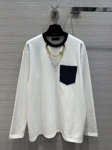 Męskie koszule na jesienne i zimowe zabytkowe dżinsowe Jacquard Pocket Decoration T-shirt Cotton Knit Metal Cain