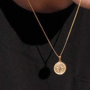 Collane con bussola da uomo color oro, medaglia vintage con ancora stella polare vichinga, ciondolo in oro giallo 14k per regalo maschile di papà fidanzato