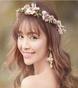 Artificial Flower Wreath Bride Women Flower Crown Hair Band Wedding Floral Headband Garland Ribbon Girl Hair Accessorie 26 Q08122332251