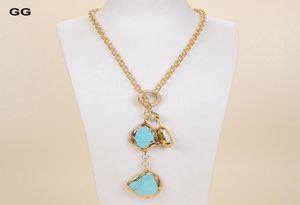 Colares Pingente Guaiguai Jóias 27quot Branco Biwa Pérola Azul Turquesa Gems Pedra Lariat Chain Necklace1561000