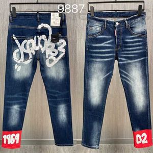 Mäns jeansdesigner Jeans 9887 Typ Mäns denimbyxor, målade bläck stort tryck, fashionabla markvita små raka ben trendig yebi