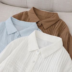 Blusas femininas primavera outono mulheres casual doce dobra dupla algodão camisa de manga comprida branco cor azul feminino base blusa blusa tops u340