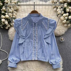 Womens Blouses French Chic Women Blouse Sales Flounced Edge Striped Turn-down Collar Long Puff Sleeve Shirts Autumn Casual Female Tops