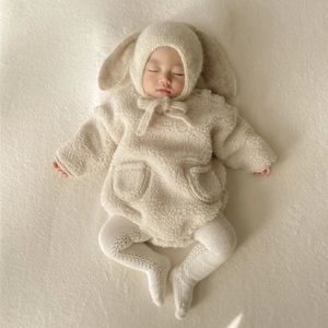 Macacão outono inverno nascido bebê mais veludo quente manga longa bodysuit menino menina infantil lã sólida grosso onesie criança roupas 231211