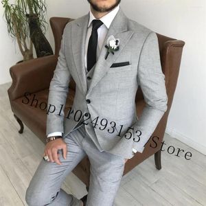 Men's Suits Gray Linen Men Slim Fit 3 Pieces Suit Formal Male Groomsmen Bridegroom Wedding Tuxedo Blazer Vest Pants Costume Homme