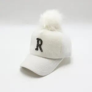 Ball Caps Rhinestone Letter Print Plush Decor Adjustable Hook Loop Fasteners Baseball Hat Women Hip Hop Warm Fluffy Sun