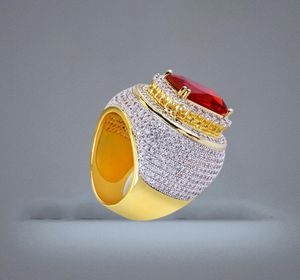 Men luksus Hip Hop Czerwone Ruby Pierścienie Mikro Pave Cubic Zirconia Bling Bling Symulowane diamenty 18K Gold Pierścień 611191981269957