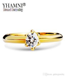 Yhamni Real Pure 925 Srebrne obrączki ślubne złoto Kolor Cuubic Zirconia Solitaire Pierścienie zaręczynowe dla kobiet XJR040180535325218