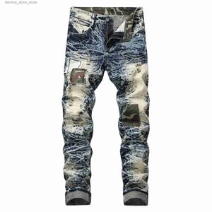 Jeans masculinos nova moda plus size 42 homens rasgados jeans lavagem de neve calças elásticas em linha reta masculino remendo bordado remendo calças jeans masculinas q231213