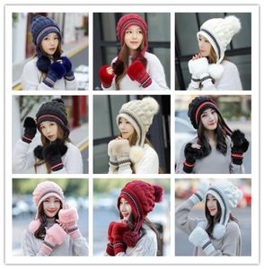 Winter Knit Hat Set Skull Caps Gloves 2Piece Suit Thick Wool Women Beanie Sets Solid Slouchy Caps Warm Outdoor Hat3726341